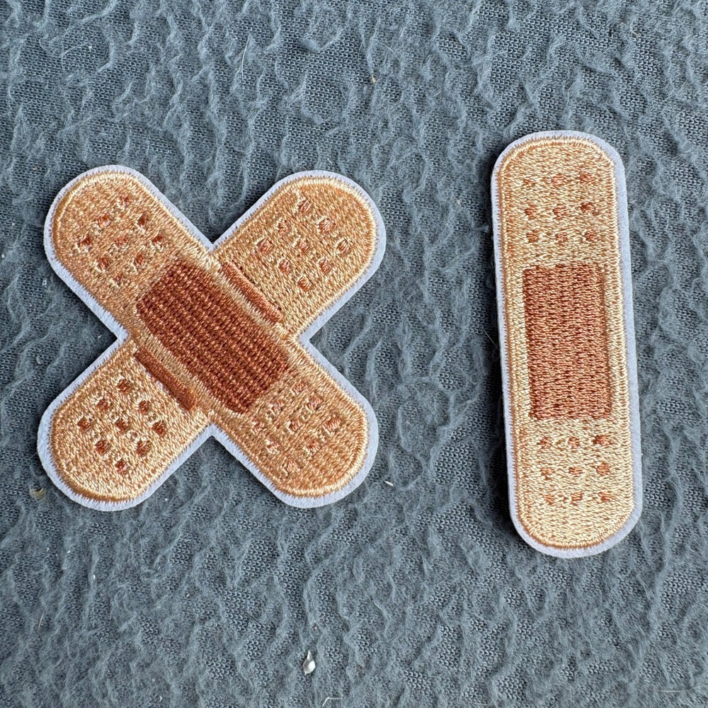 2pc Adhesive Bandage Embroidered Iron On Patches Tan Brown Medical Novelty Set